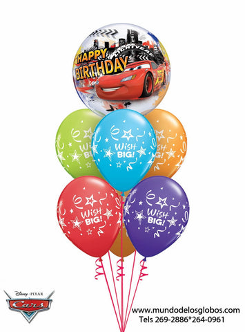 Bouquet de Cars con Burbuja Happy Birthday y Globos de Colores Wish Big