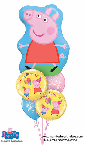 Bouquet de Globo Gigante Peppa Pig con Globos Happy Birthday y Globos de Colores