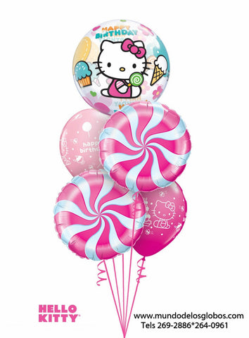 Bouquet de Hello Kitty con Burbuja Happy Birthday, Globos de Mentas y Rosa