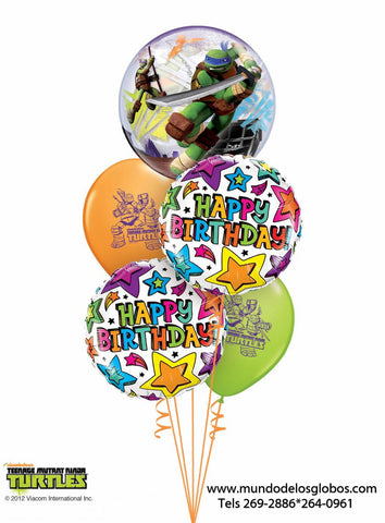 Bouquet Teenage Mutant Ninja Turtles con Burbuja y Globos de Colores, Happy Birthday