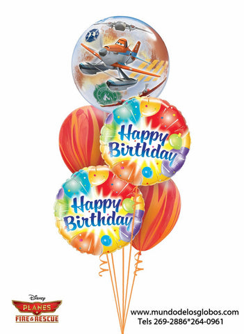 Bouquet de Planes con Burbuja de Aviones, Globos Happy Birthday y Tie Dye