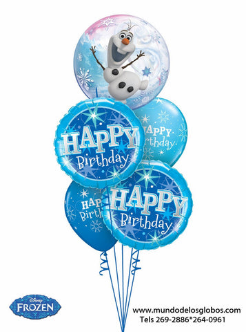 Bouquet Frozen con Burbuja de Olaf y Globos Happy Birthday Azules Variados, Reino del Hielo