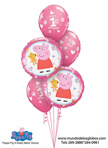 Bouquet de Peppa Pig con Globos Happy 1st Birthday Rosados, 1er Añito