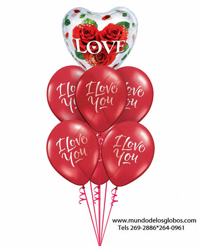 Bouquet de Globos I Love You con Burbuja de Corazon con Rosas Love
