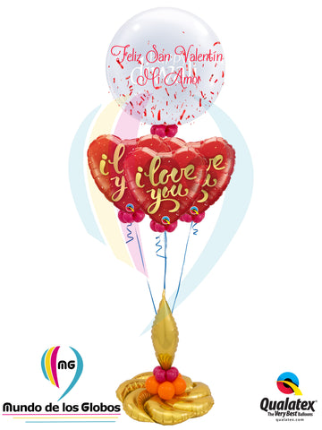 Bouquet de burbuja Gigante Personalizada con confetti Corazones metalicos de 18" "I Love You" metálico con base estilizada Oro Metalica