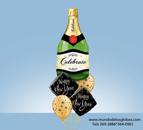 Bouquet de Diamantes Happy New Year con Botella de Champan Gigante y Globos con Estrellas