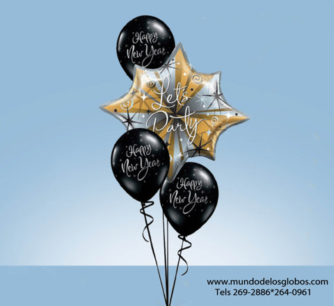 Bouquet de Feliz Año Nuevo con Estrella Gigante Let's Party y Globos Negros Happy New Year