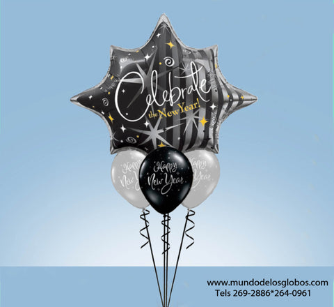 Bouquet de Estrella Gigante Celebrate the New Year y Globos Happy New Year de Colores