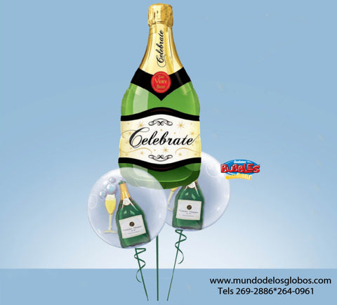 Bouquet Celebrate con Botella Gigante de Champan y Burbujas con Botellas y Copas de Champan