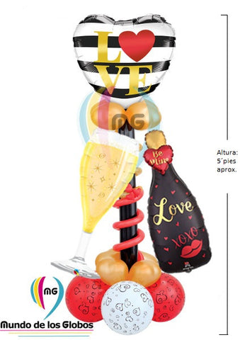Pedestal: Corazón 18" pulgadas Love Stripes Arreglo de Piso con Botella Be Mine! Champaña Gigante con Copa Gigante Metálica