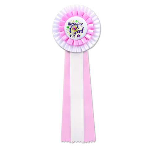 Pink/White Birthday Girl Deluxe Rosette, Size 4½" x 13½"