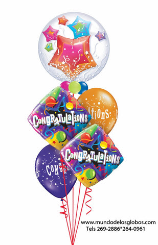 Bouquet de Diamantes Congratulations con Burbuja de Estrellas y Globos de Colores