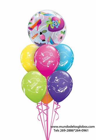 Bouquet Happy Birthday de Zapatos con Burbuja de Tacones, Sombreros y Flores y Globos de Colores