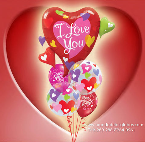 Bouquet de Corazon Gigante I Love You con Burbujas de Corazones de Colores, Happy Valentine's Day