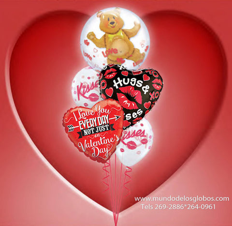 Bouquet de Burbujas con Osito Cariñocito, Corazon Hugs & Kisses, Kisses