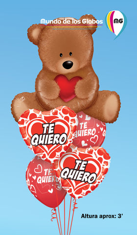 Bouquet de Oso chocolate con globo de corazón metalizado TE QUIERO y globos estampados