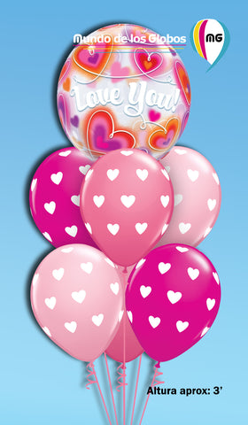 Bouquet de burbujas LOVE YOU con globos estampados de corazón