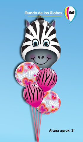 Bouquet de Zebra grande con burbujas LOVE YOU y globos estampados