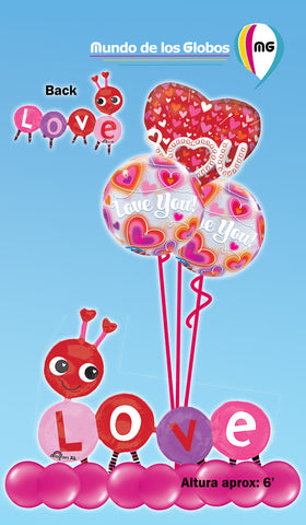 Bouquet Gusano LOVE gigante con burbujas LOVE YOU y corazón