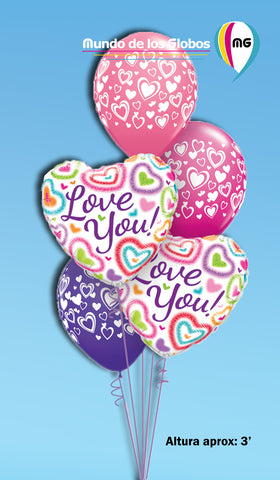 Bouquet de corazones metálicos LOVE YOU con globos estampados