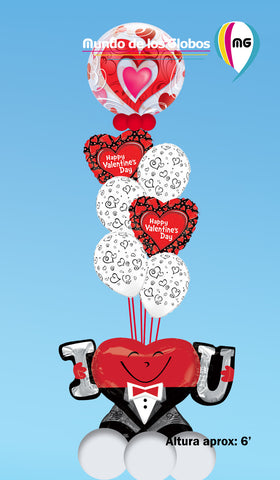 Bouquet de burbuja de corazón, corazones metálicos y globos estampados con base de corazón I LOVE U y globos lisos.