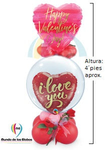 Adorno para Escritorio: Corazón Rosa "Happy Valentine´s Day" de 18" pulgadas con corazón de 18" pulg. I Love You dentro de burbuja transparente de 24" pulgadas y base de látex