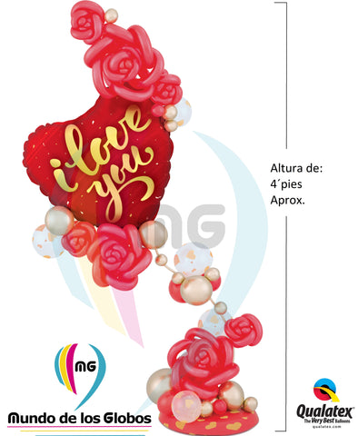 Pedestal "I love You" de 18" metálico acompañado de rosas trabajadas en látex & globos látex brillantes con base estilizada de forma orgánica.