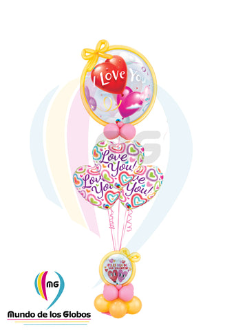 Bouquet Lazo de Corazones Base de Globos látex con burbuja & corazón Feliz San Valentin con tope de Burbuja de 24" con corazones de 18" "I love You" metálicos